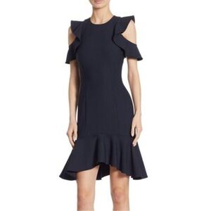 Cinq A Sept Women’s Size 2 Navy Blue Micah Cold Shoulder Ruffle Midi Dress
